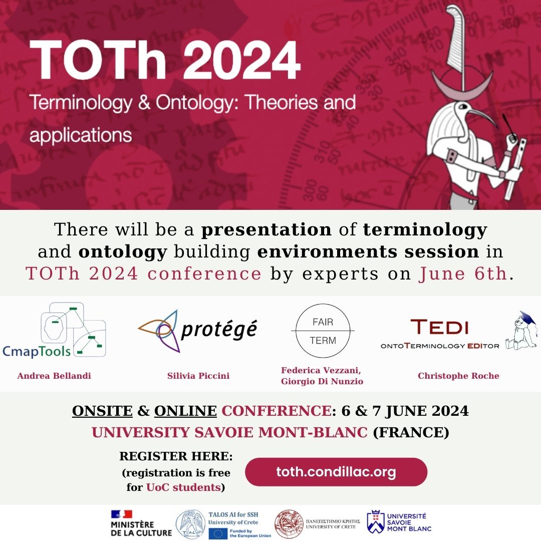 🆘 In TOTh 2024 there will be a session dedicated to presenting terminology and ontology building environments! 🆘
•
📍Onsite & Online: June 6th
•
🔗 For more info, registrations: toth.condillac.org
•
#AI
#ArtificialIntelligence
#DigitalHumanities
#DH
#Talos
#TalosUoC