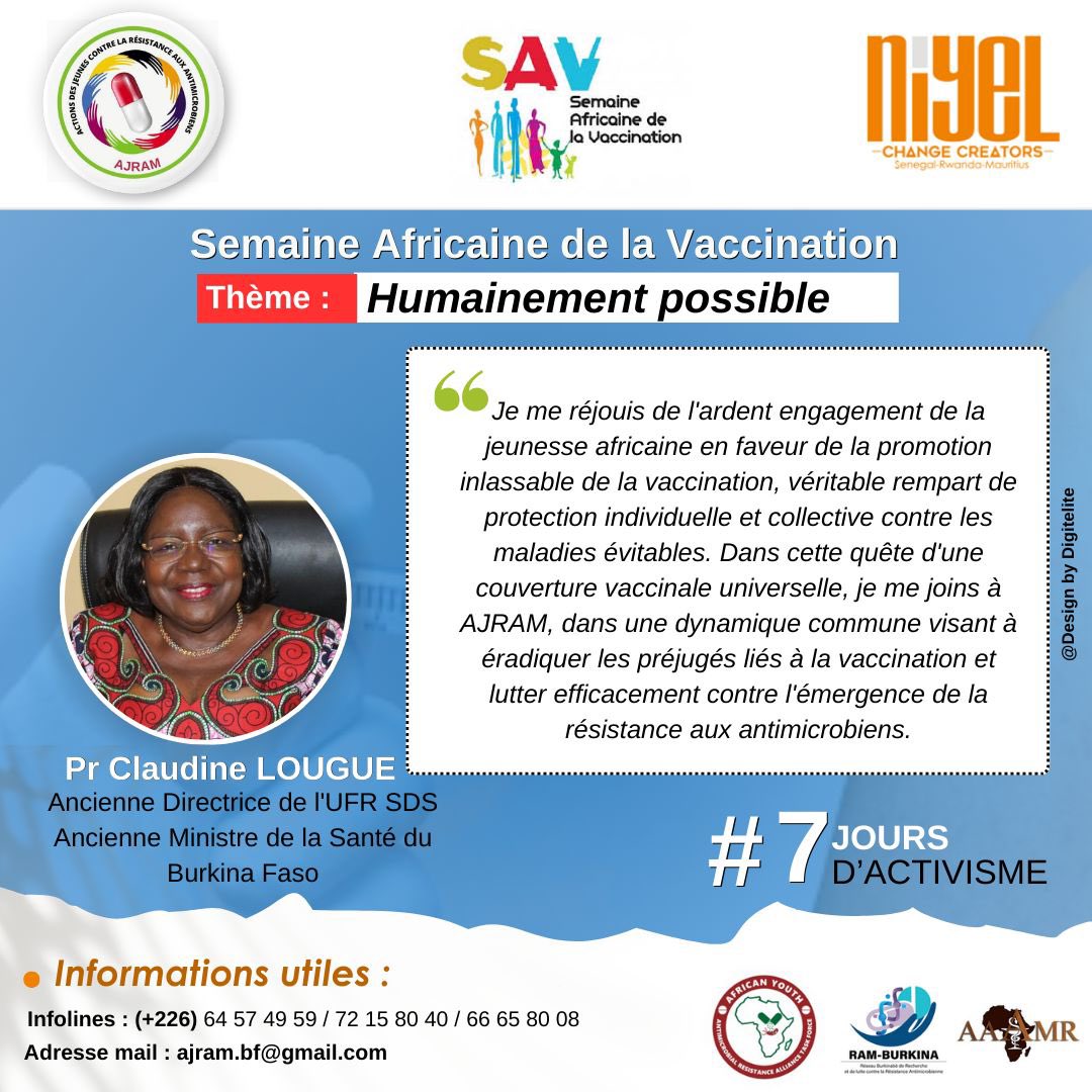 [ SEMAINE AFRICAINE DE LA VACCINATION ]   

A l’Occasion de la Semaine Africaine de la Vaccination Pr Claudine LOUGUE, ancienne Directrice de l'UFR SDS, ancienne Ministre de la Santé du Burkina Faso, nous invite à nous engager aux côtés de AJRAM et NIYEL