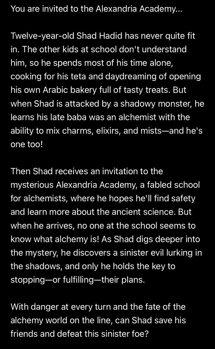 currently reading this one too: Shad Hadid and the Alchemists of Alexandria by George Jreije (@ByGeorgeJreije) since I was looking for smthn that’s a middle grade fantasy :)