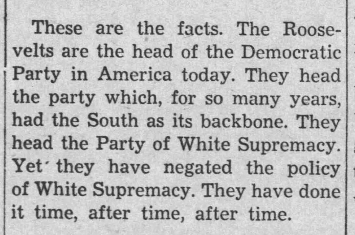 Today, FDR & the New Deal are often scolded for not doing enough for African Americans, but southern newspapers denounced them for attacking segregation & white supremacy. E.g., see this editorial excerpt from the Southern Watchman (Greensboro, AL), 6-26-1943, p. 4. #History