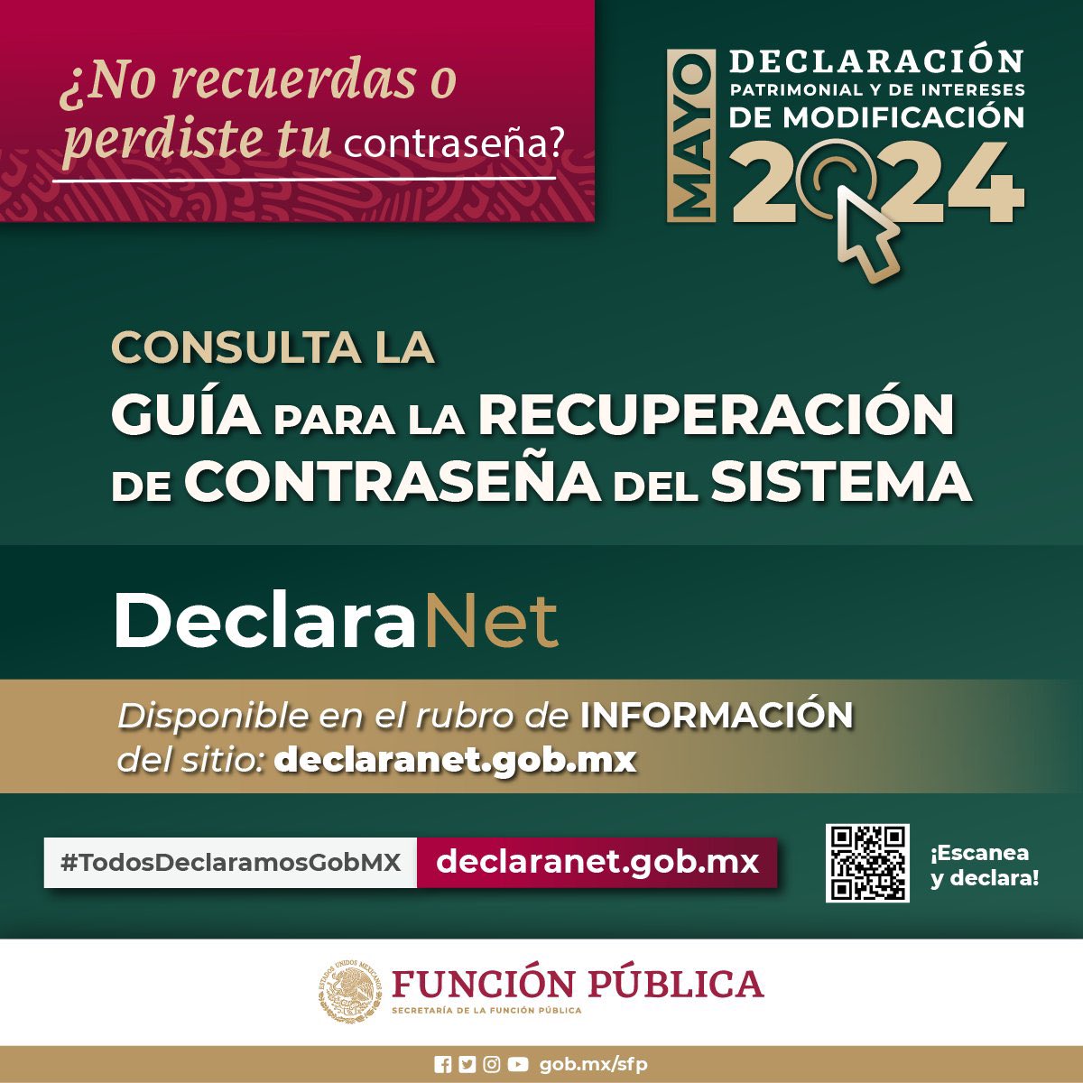 Persona servidora pública federal: 🚨¿No recuerdas o perdiste tu contraseña #DeclaraNet2024?🚨 ✅ Recupérala de manera fácil y rápida mediante la «Guía para la recuperación de la contraseña del sistema». 🔗 declaranet.gob.mx/assets/docs/GU… #TodosDeclaramosGobMx