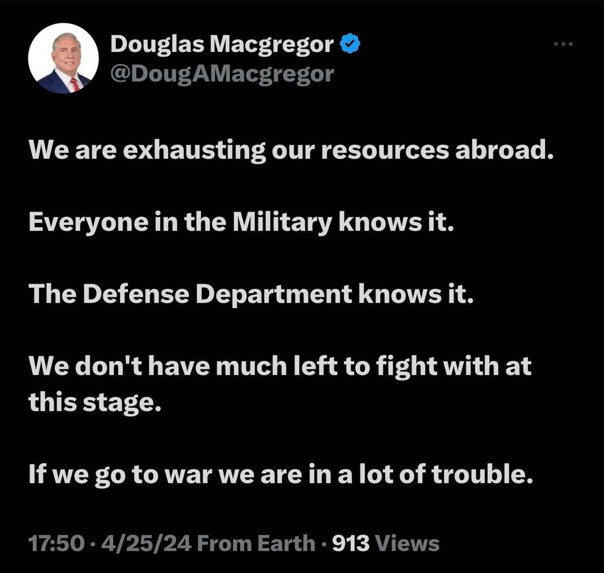 Col Douglas MacGregor, now retired, is concerned about the strength of our military. MacGregor is a graduate of West Point & has a PhD from University of Virginia. He is known as 'one of the Army's leading thinkers on innovation'. (Wikipedia) 🇺🇸❤️ When Biden was installed as…