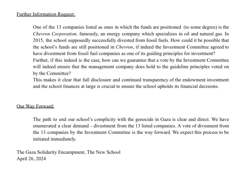 Divestment is very much on the table at The New School. TNS SJP’s bargaining team have been meeting with Mark Diaz, Executive VP for Business and Operations. See their latest updates below: