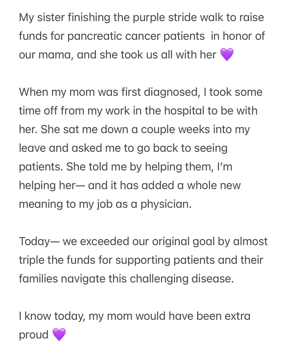 My sister finishing the purple stride walk in DC to raise funds for pancreatic cancer patients  in honor of our mama, and she took us all with her 💜 

I know today, my mom would have been extra proud 

<a href="/PanCAN/">PanCAN</a> <a href="/letswinpc/">Let's Win Pancreatic Cancer 💜</a> #pancreaticcancer #purplestride