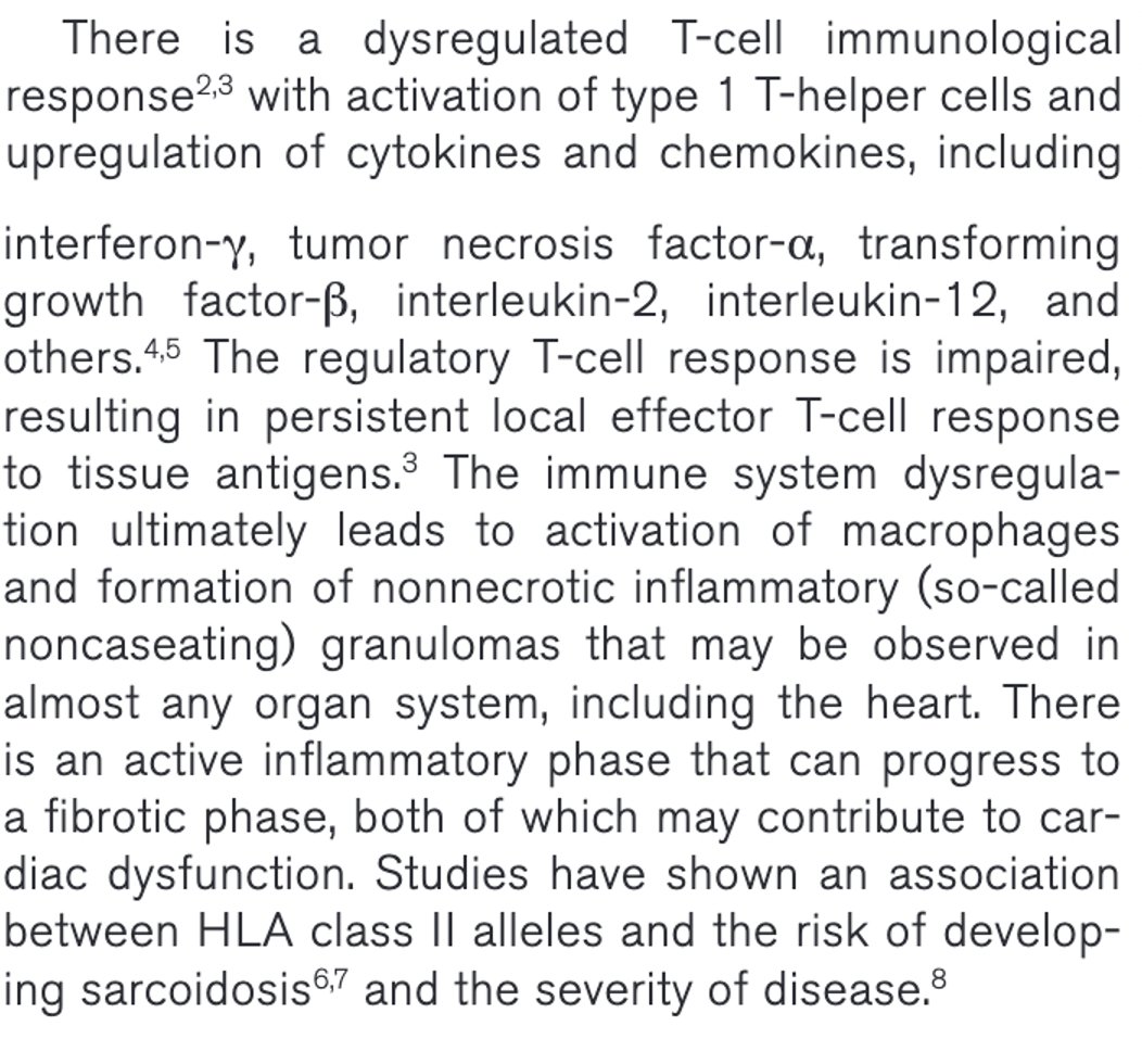 🛡️ 3/12: Immune Dysregulation in Cardiac Sarcoidosis: 1. Starts w/ type 1 T-helper cell activation 2. Leads to Up-regulation of cytokines & chemokines 3. Activates macrophages 4. Forms non-necrotic granulomas 5. Progresses to active inflammatory phase 6. May lead to fibrotic…