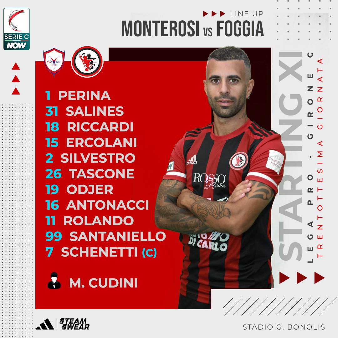 𝗦𝗧𝗔𝗥𝗧𝗜𝗡𝗚 𝗫𝗜 🔴⚫️
Gli 1️⃣1️⃣ iniziali scelti da Mister #Cudini per il match con il #Monterosi 💪
#ForzaFoggia #NonTiLascioMai

#MTUFOG #SerieCNow