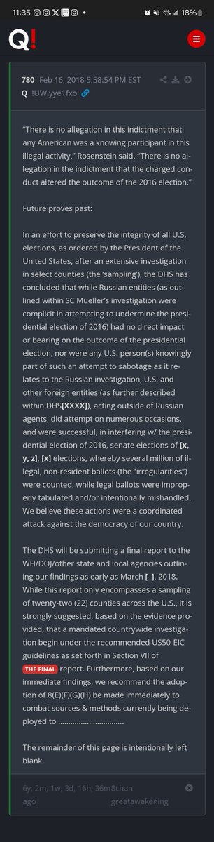 BOSS texts 💥

'The final' > 1 drop
Q780
Feb 16, 2018 5:58:54 PM EST
....it is strongly suggested, based on the evidence provided, that a mandated countrywide investigation begin under the recommended US50-EIC guidelines as set forth in Section VII of THE FINAL report.💥