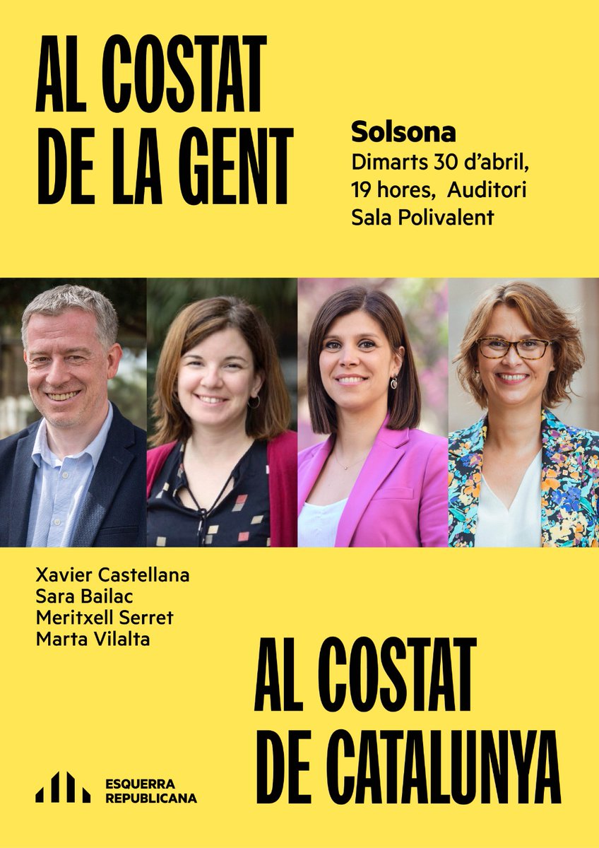 🟡ACTE CENTRAL DE CAMPANYA AL SOLSONÈS

 📅 Dimarts 30 d'abril a les 19 hores

📍Auditori de la Sala Polivalent de Solsona

👥 Amb <a href="/martavilaltat/">MartaVilaltaTorres🎗</a>, <a href="/MeritxellSerret/">Meritxell Serret Aleu</a> <a href="/sarabailac/">Sara Bailac Ardanuy</a> i <a href="/xavier_cat/">Xavier Castellana 🎗</a> 

Us hi esperem!
#alcostatdelagent #alcostatdecatalunya #GuanyaCatalunya