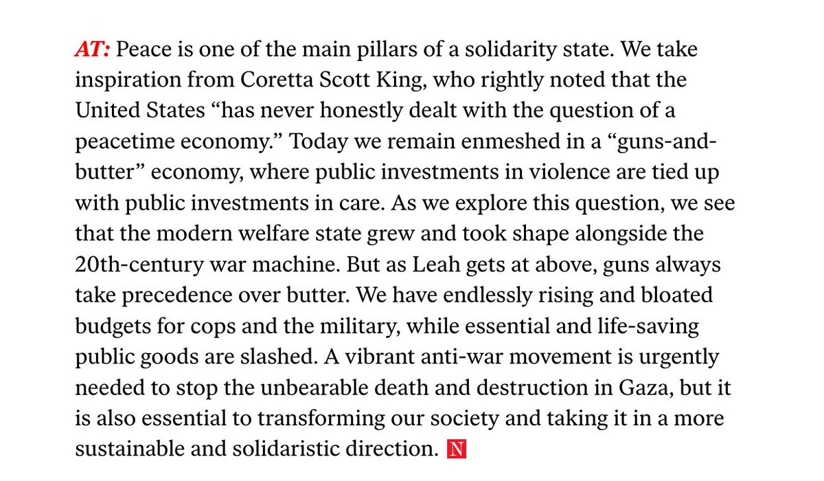 'Peace is one of the main pillars of a solidarity state. We take inspiration from Coretta Scott King, who rightly noted that the United States 'has never honestly dealt with the question of a peacetime economy.'' - @astradisastra and @Lhunthendrix. thenation.com/article/cultur…