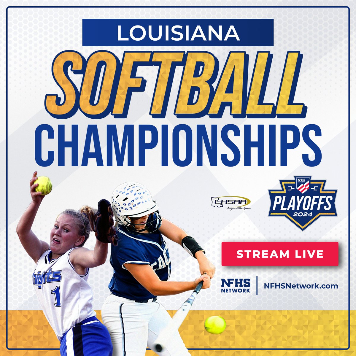 @LHSAAsports Don't miss any of the 2024 LHSAA Softball Championships on the #NFHSNetwork today! 🥎 Watch live through the OFFICIAL streaming link here : bit.ly/3tVJrNo 🏆