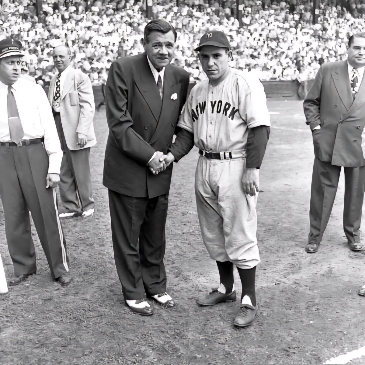 In honor of #BabeRuthDay, here's Grampa Yogi and the Babe at Sportsman's Park in St. Louis on June 19, 1948. Note Grampa's road uni: no pinstripes! 🙏⚾️❤️ #Yankees #MLB