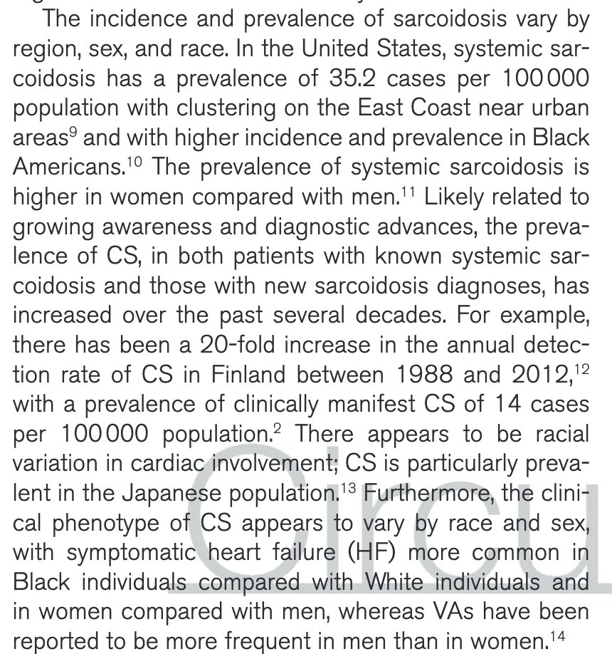 📊 4/12: Cardiac Sarcoidosis Stats: 1. US prevalence: 35.2 cases/100,000 2. ⬆️ in Black Americans 3. ⬆️in women👩 4. ⬆️in Japanese population 5. ⬆️HF symptoms also more common in Black & women 6. But ventricular arrythmias more frequent in men 📈