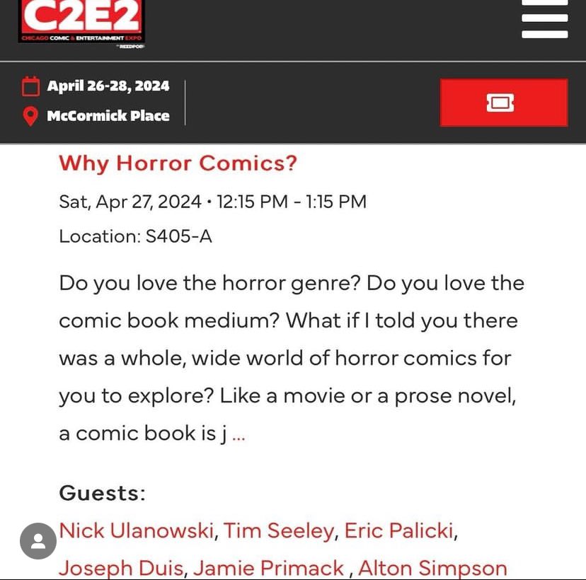 I’m awake! Alive! Here at C2E2 to sell you some books! And talk horror comics with @HackinTimSeeley and others!