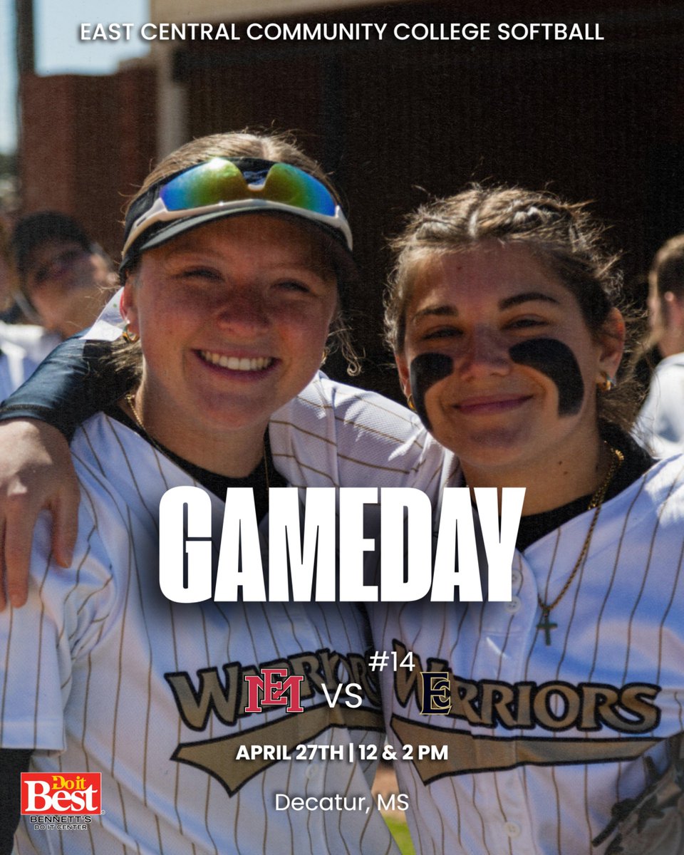 Game Day 🥎 🆚 EMCC 📍 Decatur, MS ⌚ 12 & 2 PM 📺 eccclive.com/gold #WarriorStrong