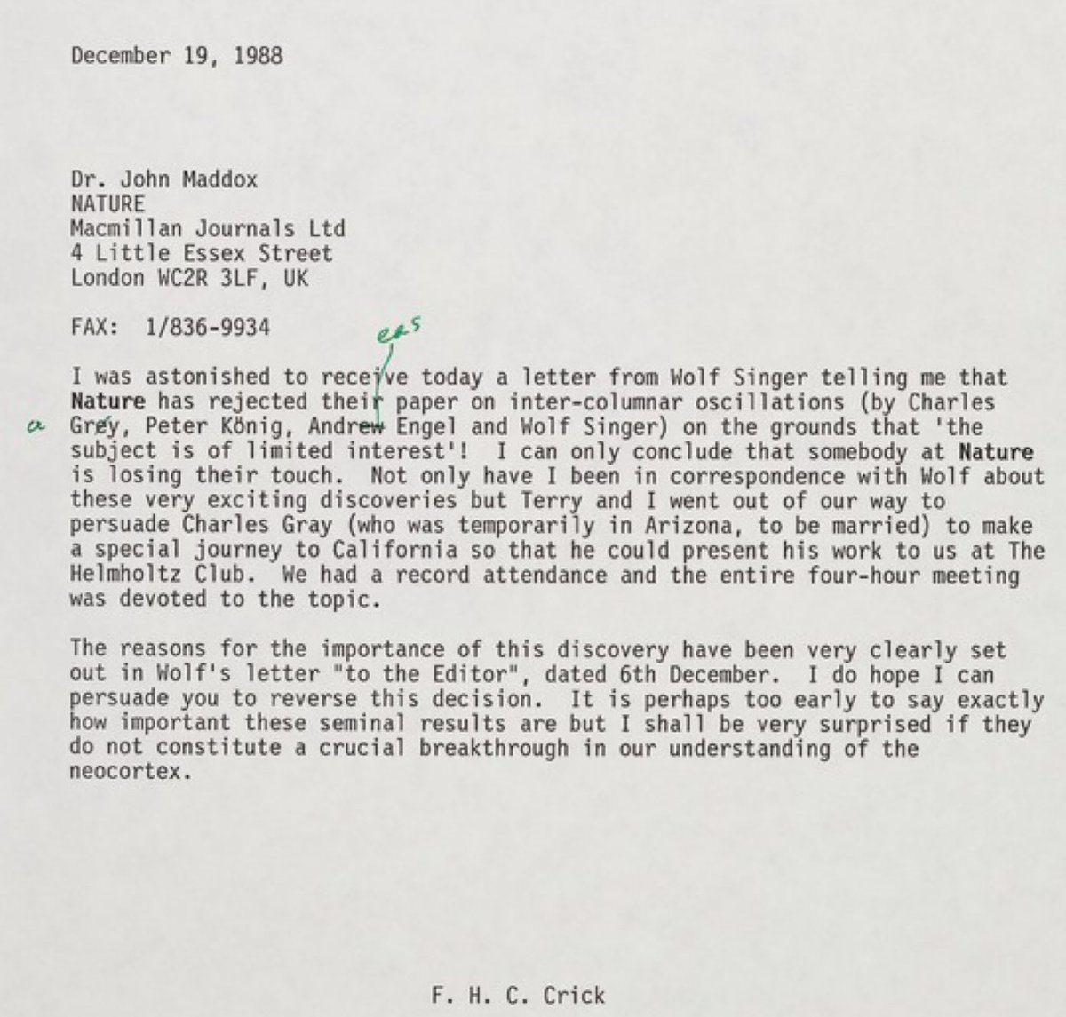 Crick sends an astonished letter to Nature after they rejected a neuroscience article he thought was very important. And he was right! Nature relented and it has been cited nearly 3,000 times…