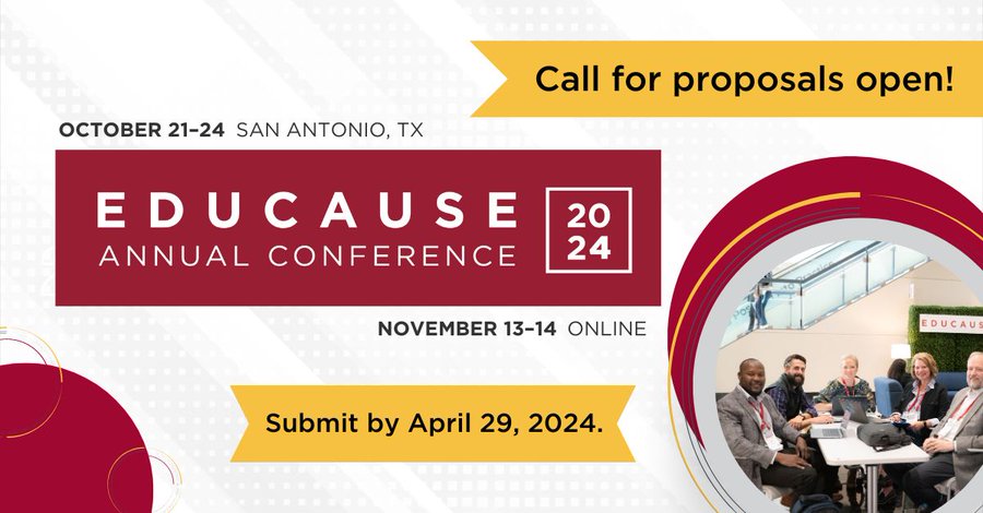 The call for proposals for the 2024 @educause Annual Conference is open! Submit your proposal by April 29th! buff.ly/43XjyL4