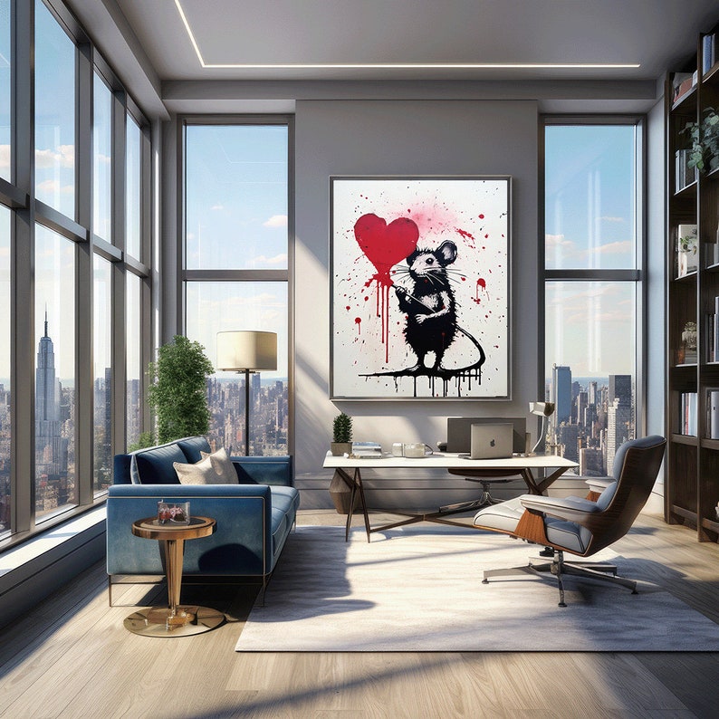 🖌️ Transform your space with 'Artistic Maelstrom: Banksy Rat's Odyssey'! Instant download available now. 🖼️💼 Make your walls talk: etsy.me/3Q1BBKe #OfficeDecor #ModernArt