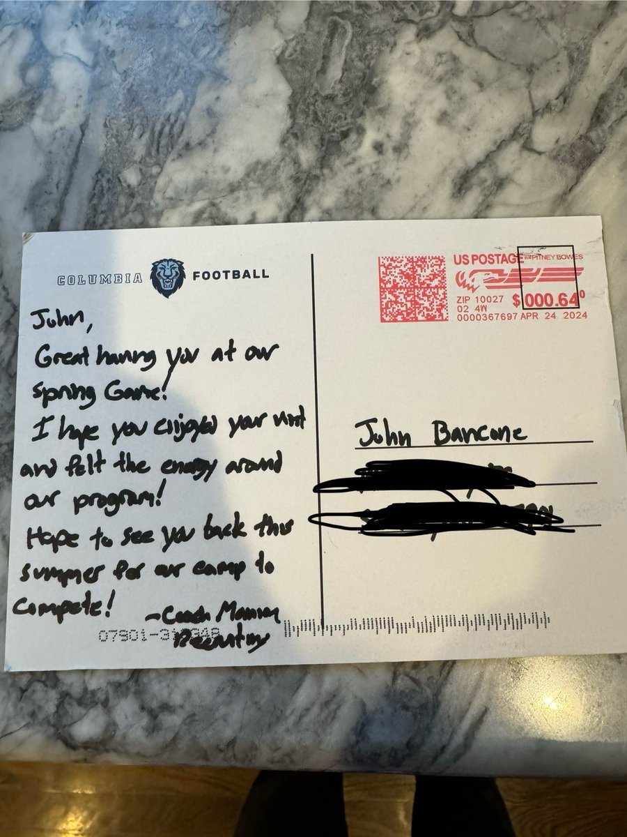 JohnBancone's tweet photo. Really appreciate the mail from @CULionsFB @CoachManion_ ! Super excited to be back on campus over the summer! @cbrownandovere1 https://t.co/mZhN5UvyVE
