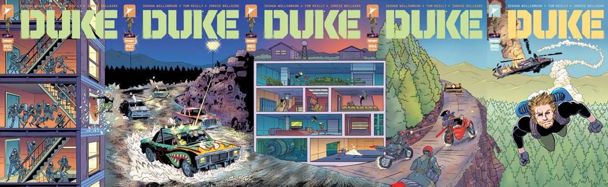 Here are the full @BoyCartoonist Duke 1-5 1:10 variant cover C connecting covers as one combined image. They tell a fun issue by issue story which largely echoes what is happening on the interior of the book. @tomreillyart @Williamson_Josh #energonuniverse