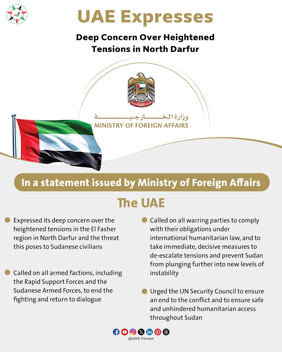 UAE Expresses Deep Concern Over Heightened Tensions in North Darfur
#UAE #Darfur #Sudan #UN #SecurityCouncil 
@mofauae