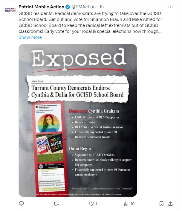 more evidence that Shannon &amp; her lawyer r the well-supported Patriot Mobile candidates, no matter how they may duck, dodge, roll, deny, &amp; dodge. The opposition is scared (and should be.) 
 GO VOTE! (Early voting ends 4/30; election day is 5/4.) #gotv #stopfascism #ProtectTheKids