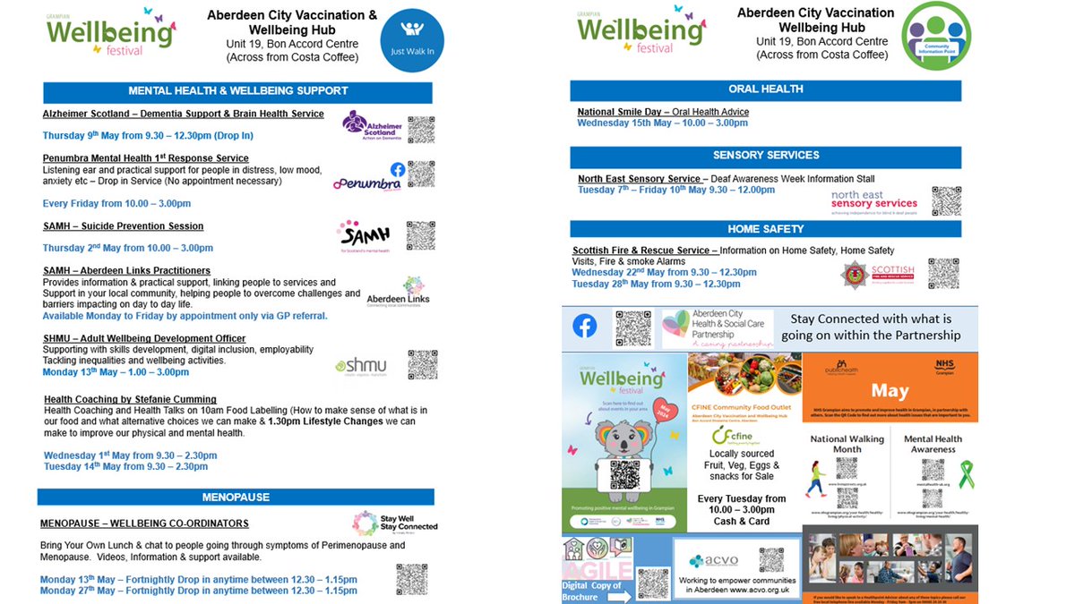 What's Going on in the Aberdeen City Vaccination & Wellbeing Hub during May. Busy month of Activities for Grampian Wellbeing Festival - Please share widely. @NHSGrampian @HSCAberdeen @shmuORG