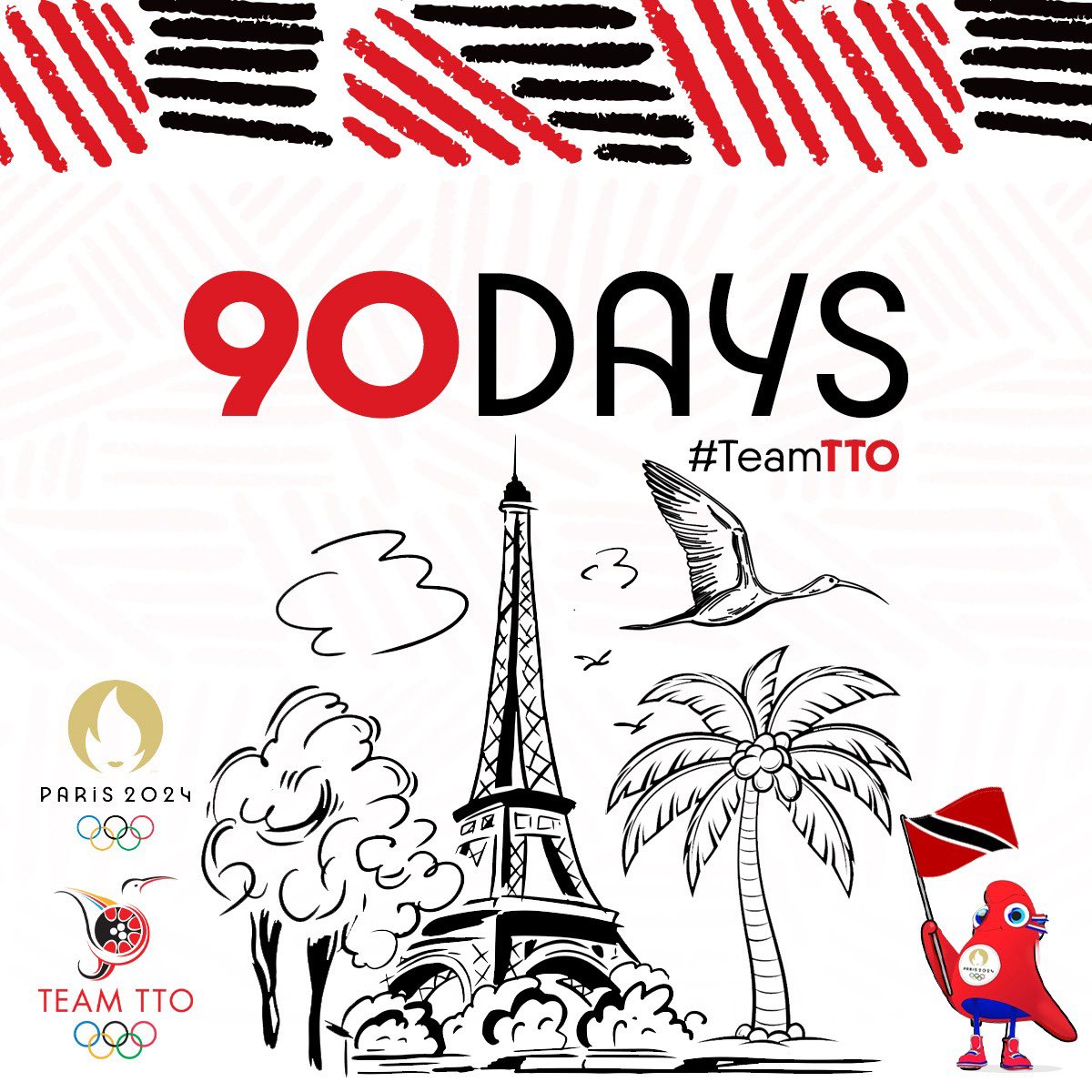 90 days until #Paris2024 🇫🇷🏅 Our athletes are gearing up to represent 🇹🇹 TTO 🇹🇹with honor and dedication. Let’s stand with them every step of the way as they chase their Olympic dreams. LETS GO TTO 🇹🇹🇹🇹🇹🇹🇹🇹 #RoadToParis #TrinidadandTobago #Athletes #Olympics