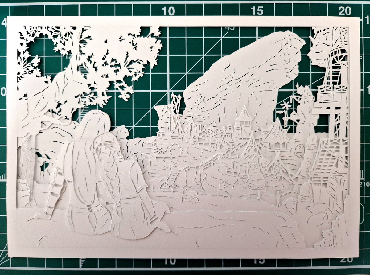 Making progress, now it's just a simple matter of adding 20 or so floating lanterns, making small holes for them and individually pasting every single one 😅

#FF7Rebirth #aerti #fanart #papercut #shadowbox #wip