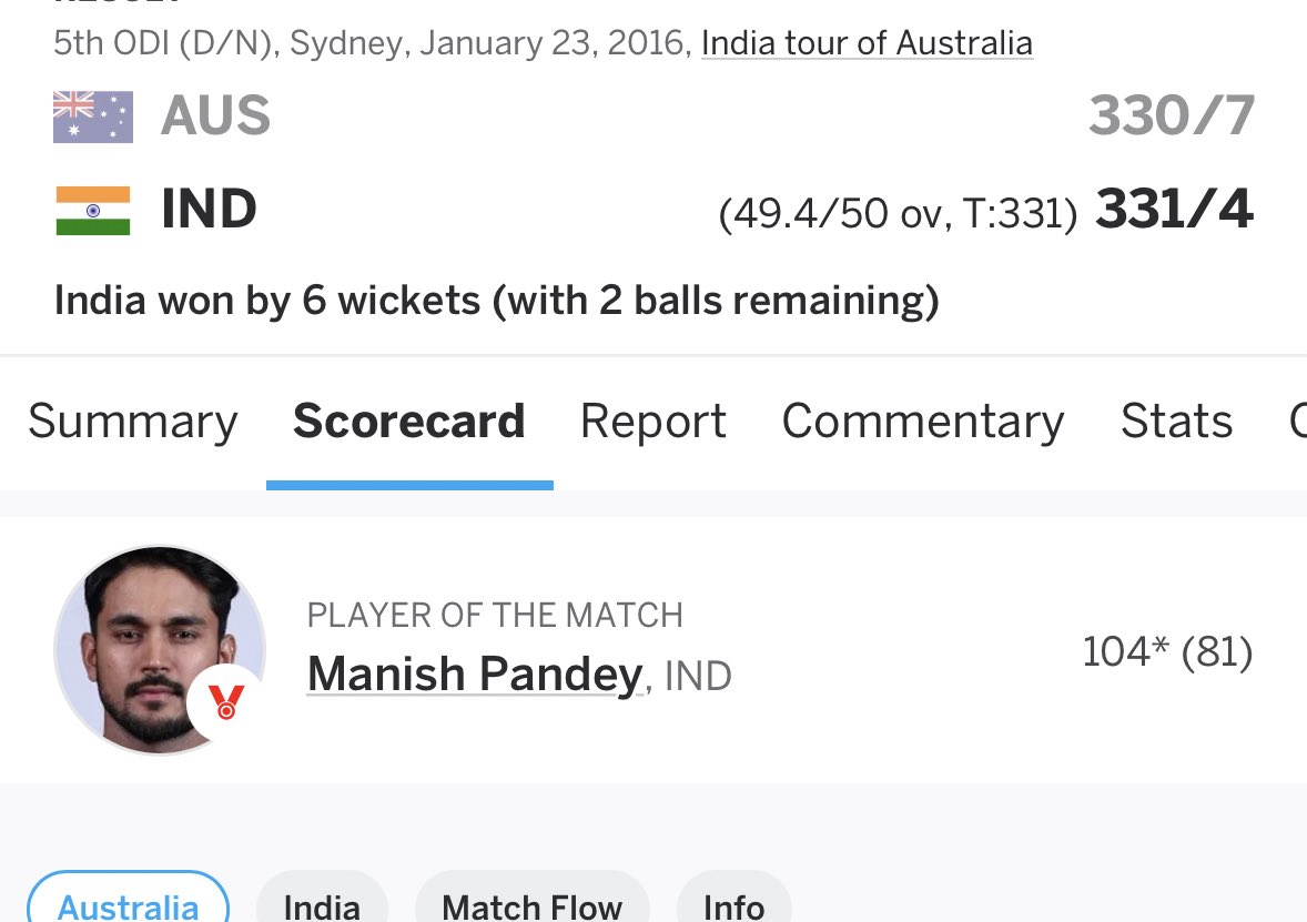 Even Manish Pandey once saved Dhoni’s ass from getting whitewashed 5-0 by Australia 😭😭