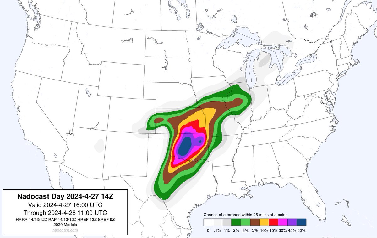nadocast's tweet image. 14Z Day Tornado Forecast