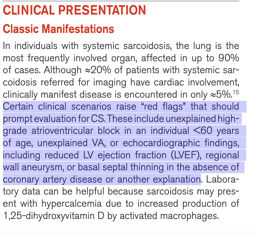 Umair2017's tweet photo. 🚩 5/12 Red Flags that must trigger diagnosis of CS:

1.  Unexplained high-grade AV block @ age <60 yrs
2. Unexplained ventricular arrhythmia
3. Reduced LVEF
4. Regional wall aneurysm
5. Basal septal thinning w/o CAD https://t.co/CDTUxWm6bb