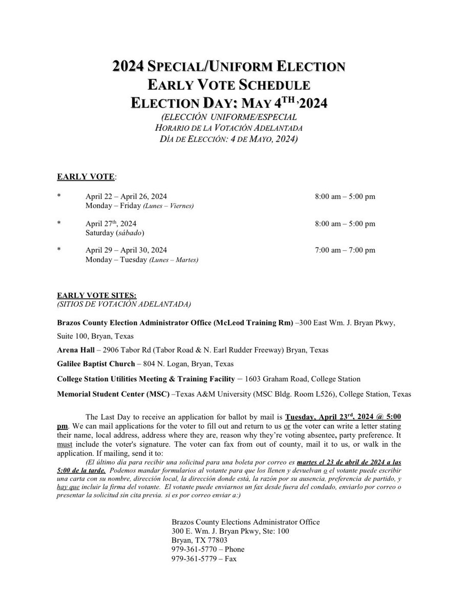 CSISD's tweet photo. Early Voting locations are open today, Saturday April 27 until 5 p.m. and will be available Monday-Tuesday from 7 a.m. - 7 p.m. Election Day is May 4. #CSISDBond https://t.co/PIOy4NhxiR
