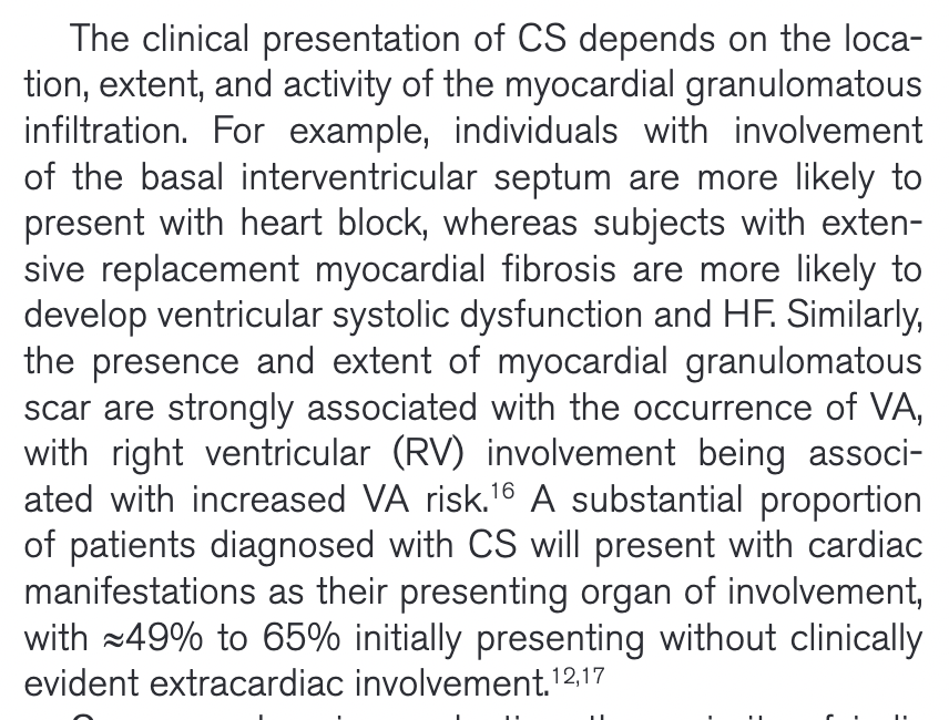 Umair2017's tweet photo. 🚩 5/12 Red Flags that must trigger diagnosis of CS:

1.  Unexplained high-grade AV block @ age <60 yrs
2. Unexplained ventricular arrhythmia
3. Reduced LVEF
4. Regional wall aneurysm
5. Basal septal thinning w/o CAD https://t.co/CDTUxWm6bb