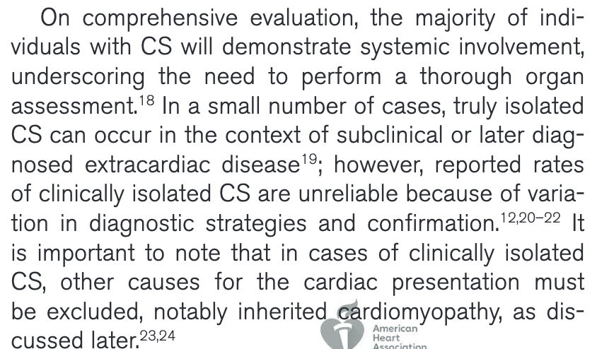 Umair2017's tweet photo. 🚩 5/12 Red Flags that must trigger diagnosis of CS:

1.  Unexplained high-grade AV block @ age <60 yrs
2. Unexplained ventricular arrhythmia
3. Reduced LVEF
4. Regional wall aneurysm
5. Basal septal thinning w/o CAD https://t.co/CDTUxWm6bb