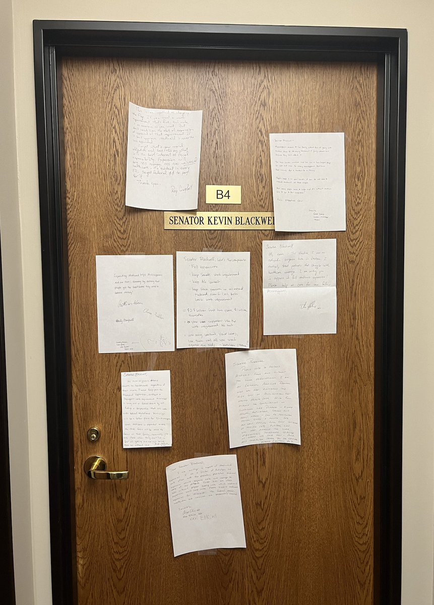 Group of physicians & concerned citizens at the Capitol today advocating for full Medicaid expansion. Sen. Kevin Blackwell, Republican Medicaid chairman, is dug in deep on a work requirement, which would effectively kill the plan. Here's Blackwell's office door this morning.