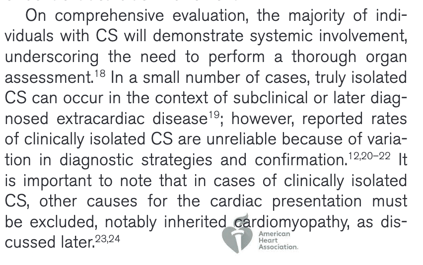 🚩 5/12 Red Flags that must trigger diagnosis of CS:

1.  Unexplained high-grade AV block @ age <60 yrs
2. Unexplained ventricular arrhythmia
3. Reduced LVEF
4. Regional wall aneurysm
5. Basal septal thinning w/o CAD