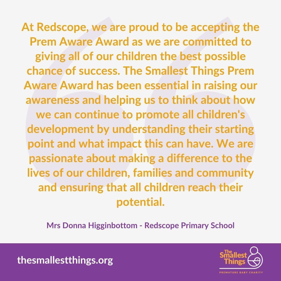 🎉 Congratulations Redscope Primary School! 'We are proud to be accepting the Prem Aware Award as we are committed to giving all of our children the best possible chance of success.” – Mrs Donna Higginbottom, Yr1 Teacher/Language Lead. thesmallestthings.org/prem-aware-awa… #PremAware 💜