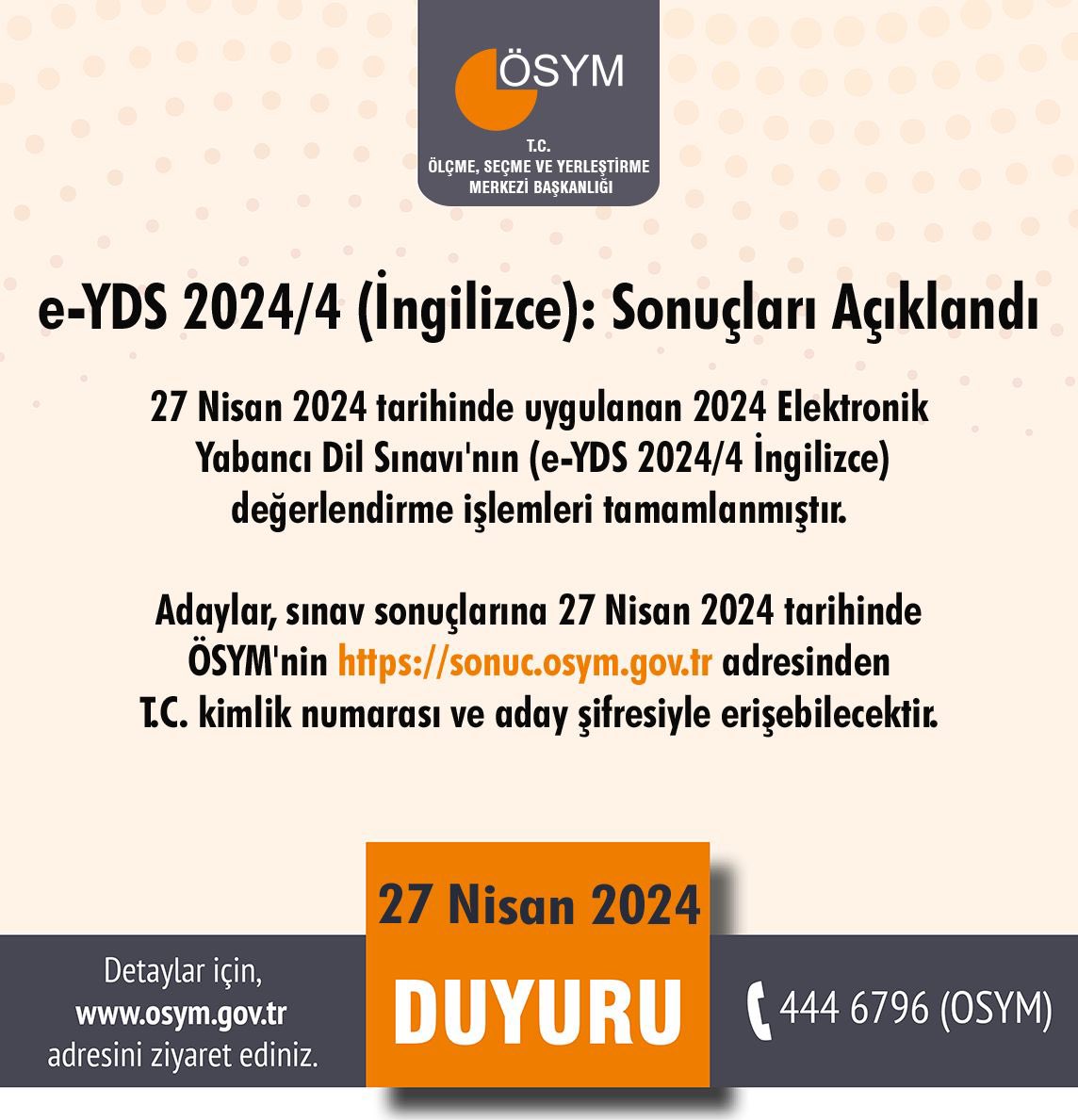 e-YDS 2024/4 (İngilizce): Sonuçları Açıklandı osym.gov.tr/TR,29345/e-yds…