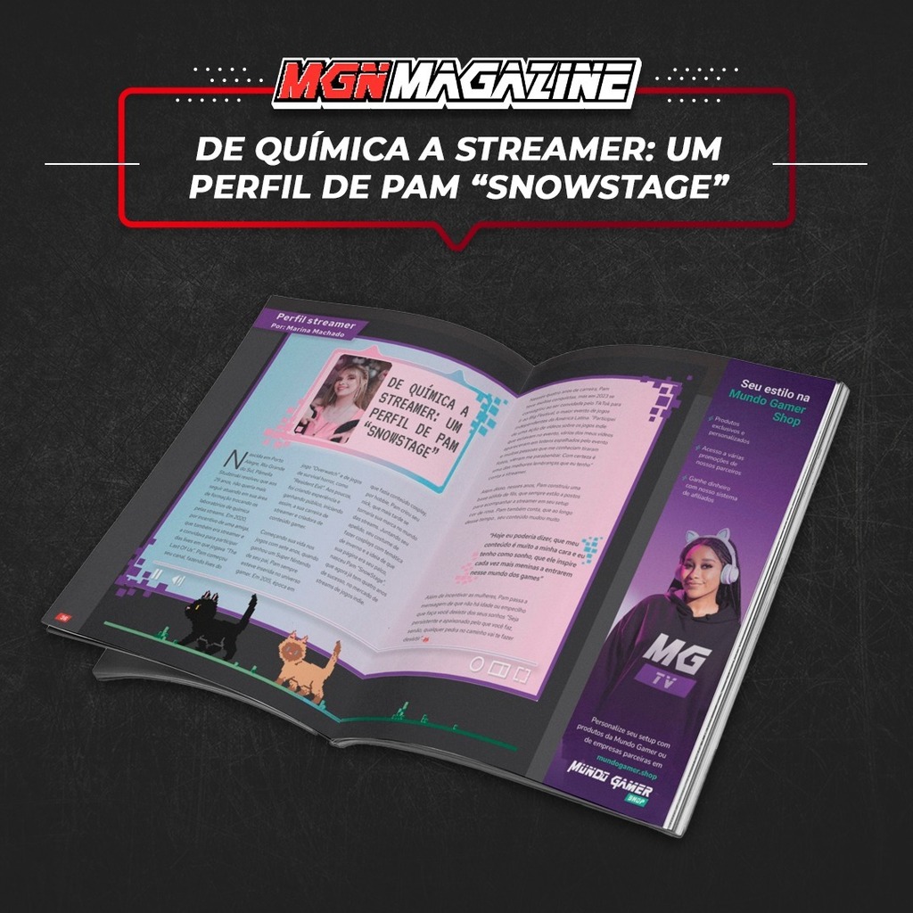 brasilmundogame's tweet image. Na primeira edição da MGN Magazine, mergulhamos na fascinante jornada de Pâmella Studzinski, também conhecida como Pam "SnowStage", uma streamer que deixou sua carreira na área de química para seguir sua paixão pelos jogos, iniciando assim uma jornada que a levaria a conquistar…