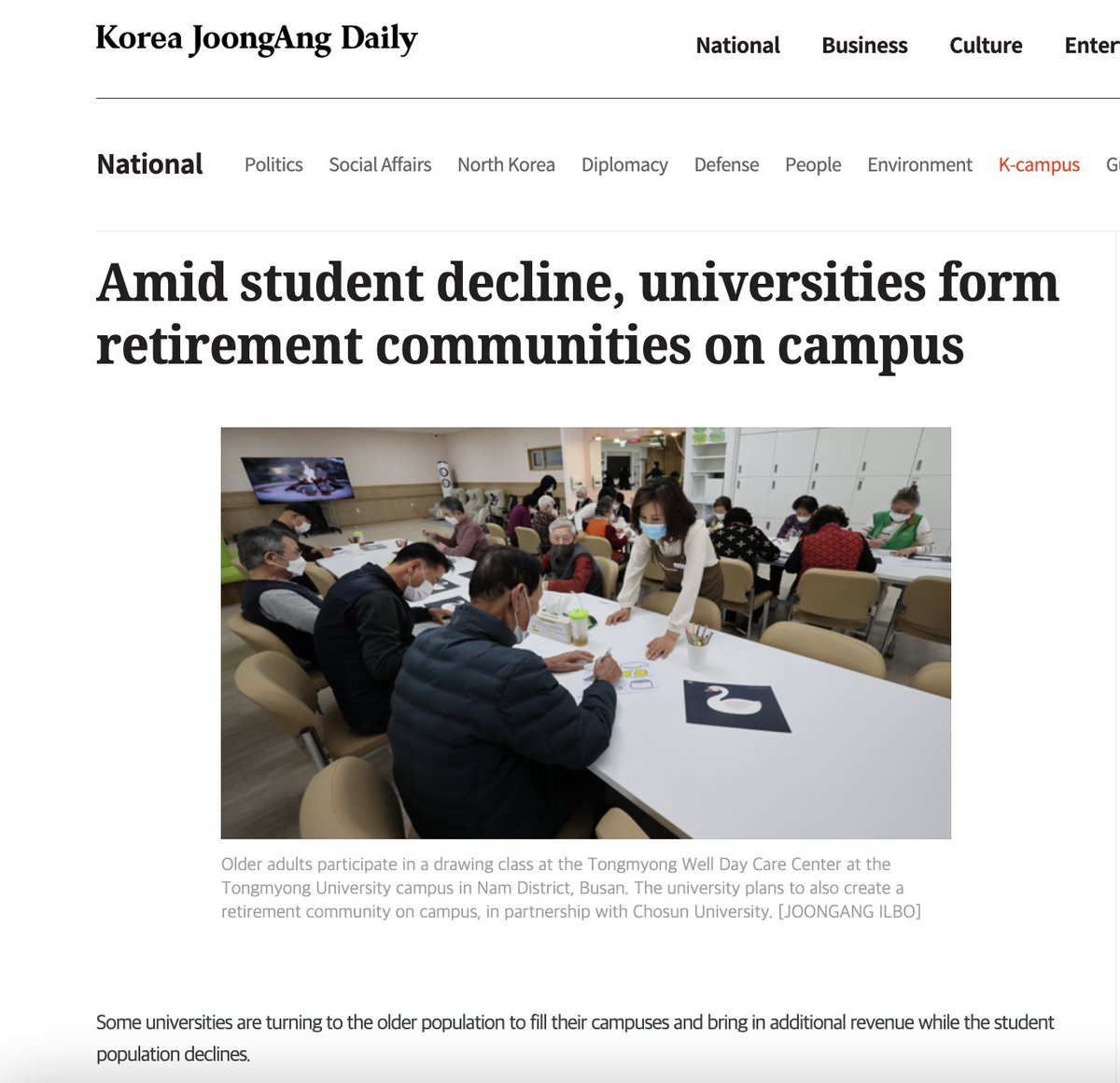 Korean universities converting to retirement communities. Live in dorms, take classes. Good idea. Might be future for dying US colleges, too?
