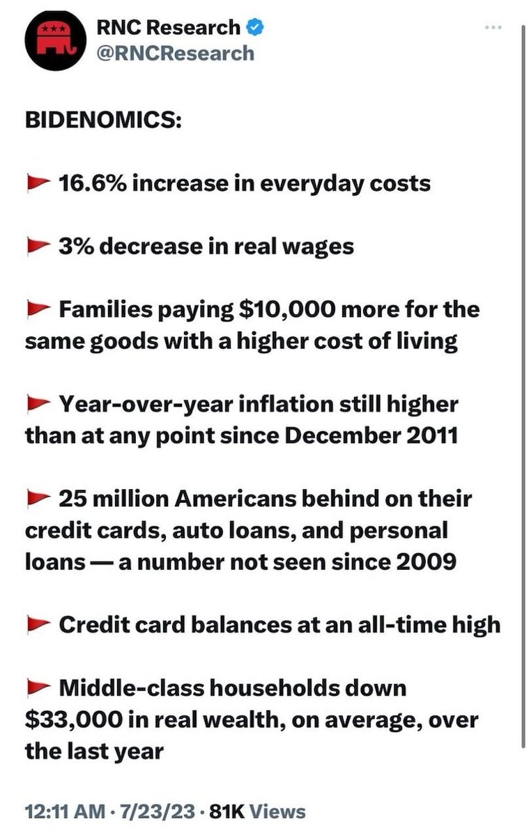 @POTUS The real 'State of Biden's Union'... Americans are POORER under Biden! REAL WAGES HAVE FALLEN! Food prices are up 33.7%, Energy up 32.8%, Electricity up 27.1%, Housing up 18.7% Costing the average family an extra $11,000+ per year! Bidenomics is a Huge Failure!