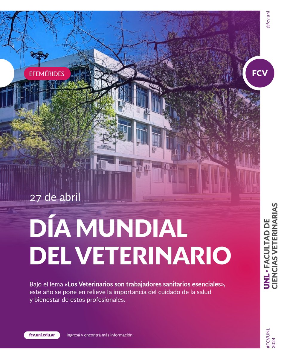 🗓️ El último sábado del mes de abril se celebra el "Día Mundial del Veterinario", fecha elegida por la Asociación Mundial Veterinaria.

Saludamos en su día a todos los Médicos Veterinarios, quienes con esmero, compromiso y pasión ejercen esta maravillosa y noble profesión. 💜