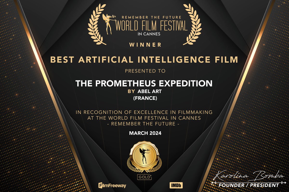 Very happy and honored: The Prometheus Expedition wins for the Best Artificial Intelligence Film @worldfilmcannes 🎉🎥🎉