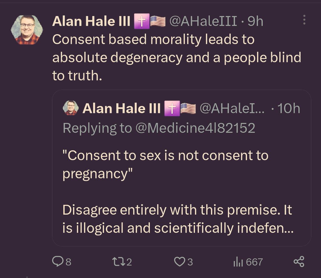 Conservative Christian antichoicer says the premise  that  women and girls can  freely give or withhold consent is 'degeneracy.' 
It was never about 'sanctity of life'.  😏
#Prochoice #antichoice #antitheism #Christianity #Rapeculture