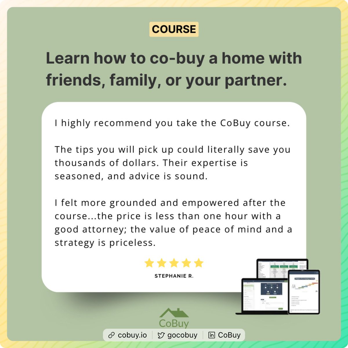 Thinking of co-buying a house? In the wild, it's hard. We make it easy. How? Been at this for 35,500+ hours and helped 1000s of co-buyers, so we've learned a thing or two. We package what you need into one simple, easy-to-follow course. 👇