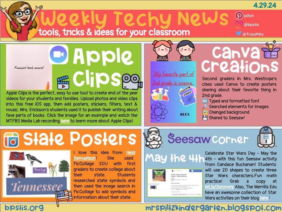 📰Weekly Tech-y News📰 🎦End of year videos in @AppleEDU Clips 💭School year reflections in @CanvaEdu 🗾State posters in @PicCollage EDU from @swampfrogfirst 💡May the 4th ideas for @Seesaw & more from Candace Buchanan & @themerrillsedu ➡️bit.ly/4aTV0Fx⬅️