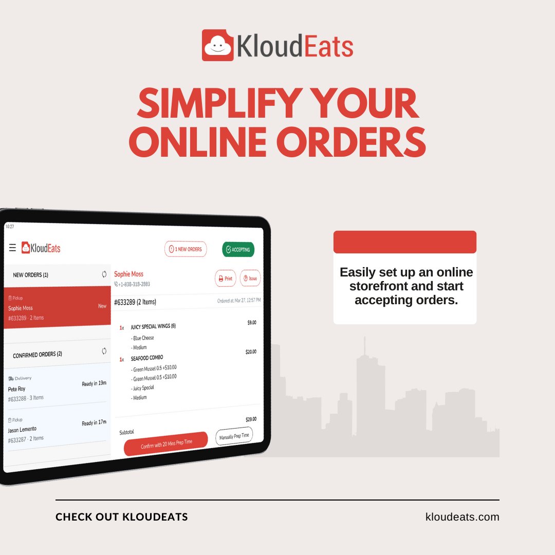 Simplify your restaurant's online ordering process with KloudEats! Enjoy features like pickup, delivery, dine-in through QR code, and self-ordering tablet, all in one platform. Sign up for KloudEats today! 

#KloudEats #OnlineOrdering #RestaurantSuccess