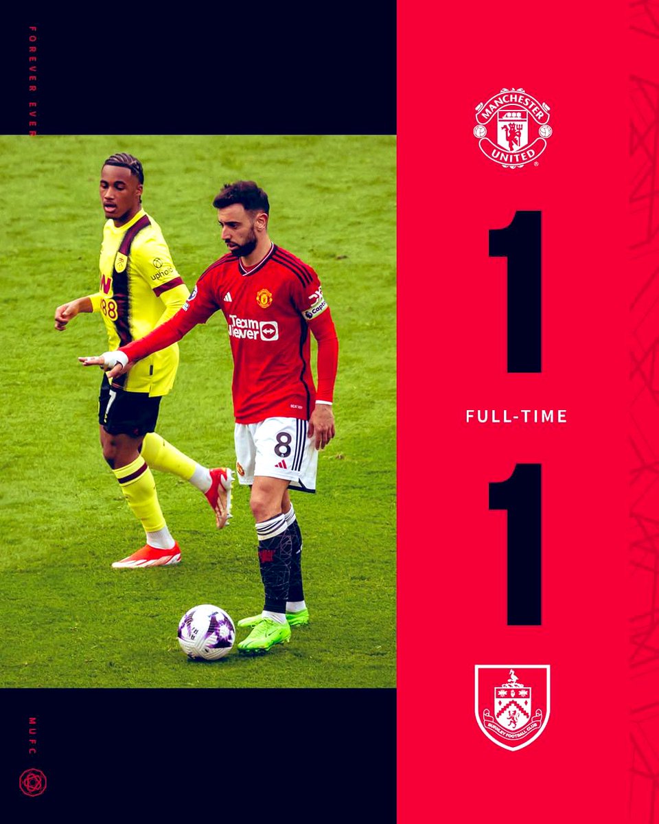 Fin du match : 1-1. Match où on a dominé la majeur partie mais on laisse l’adversaire espérer donc match nul au final … #MUFC #MUNBUR