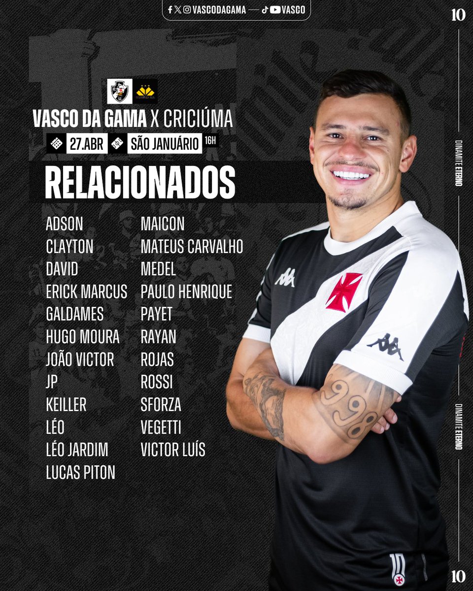 📋 Relacionados para a partida desta tarde em São Januário 💢

#VASxCRI
#RelacionadosVasco
#VascoDaGama