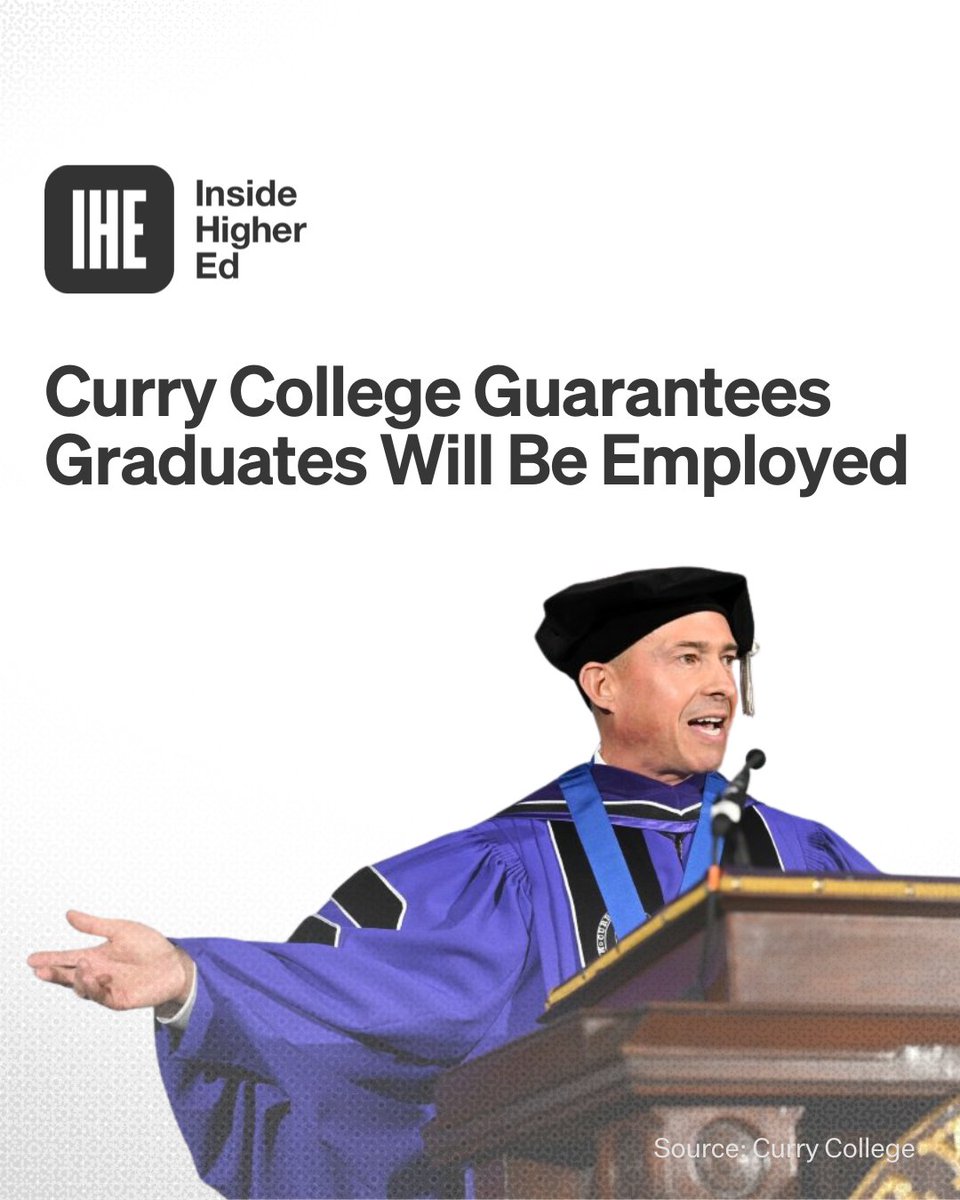 insidehighered's tweet photo. #ICYMI | @CurryEdu will help those who remain unemployed six months after graduation pay their student loans, find paid internships or allow them to take classes for free. #HigherEd

Read more ➡️ https://t.co/XIV2E760WC https://t.co/4NP5WgqncB